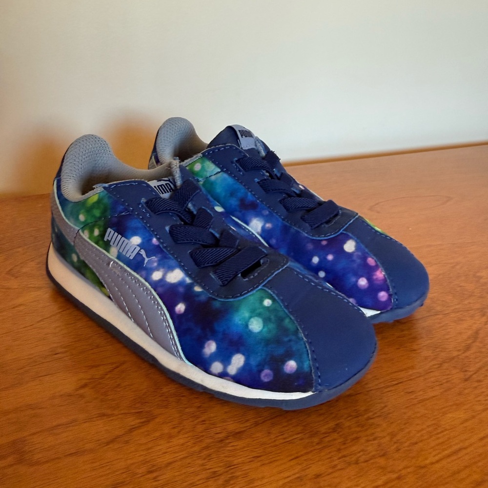 10C Puma Kids Galaxy Blue Purple Green Sneakers Pull-On Soft EUC Rubber Sole
